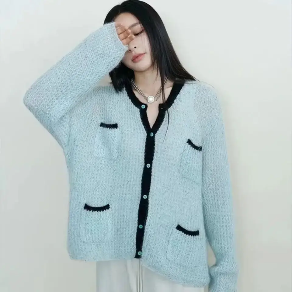 Pull Doux en Mohair à Col Rond et Manches sulf, Vêtement Décontracté, avec lèvent, Solide, à la Mode, pour Document, Nouvelle Collection Automne Hiver 2024