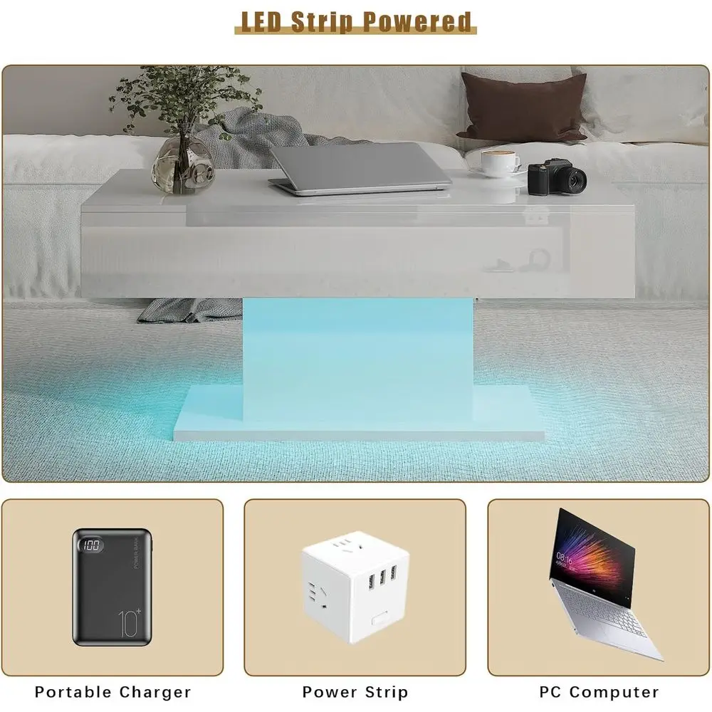 Modern Rectangular LED Coffee Table with 2 Drawers for Living & Dining Rooms