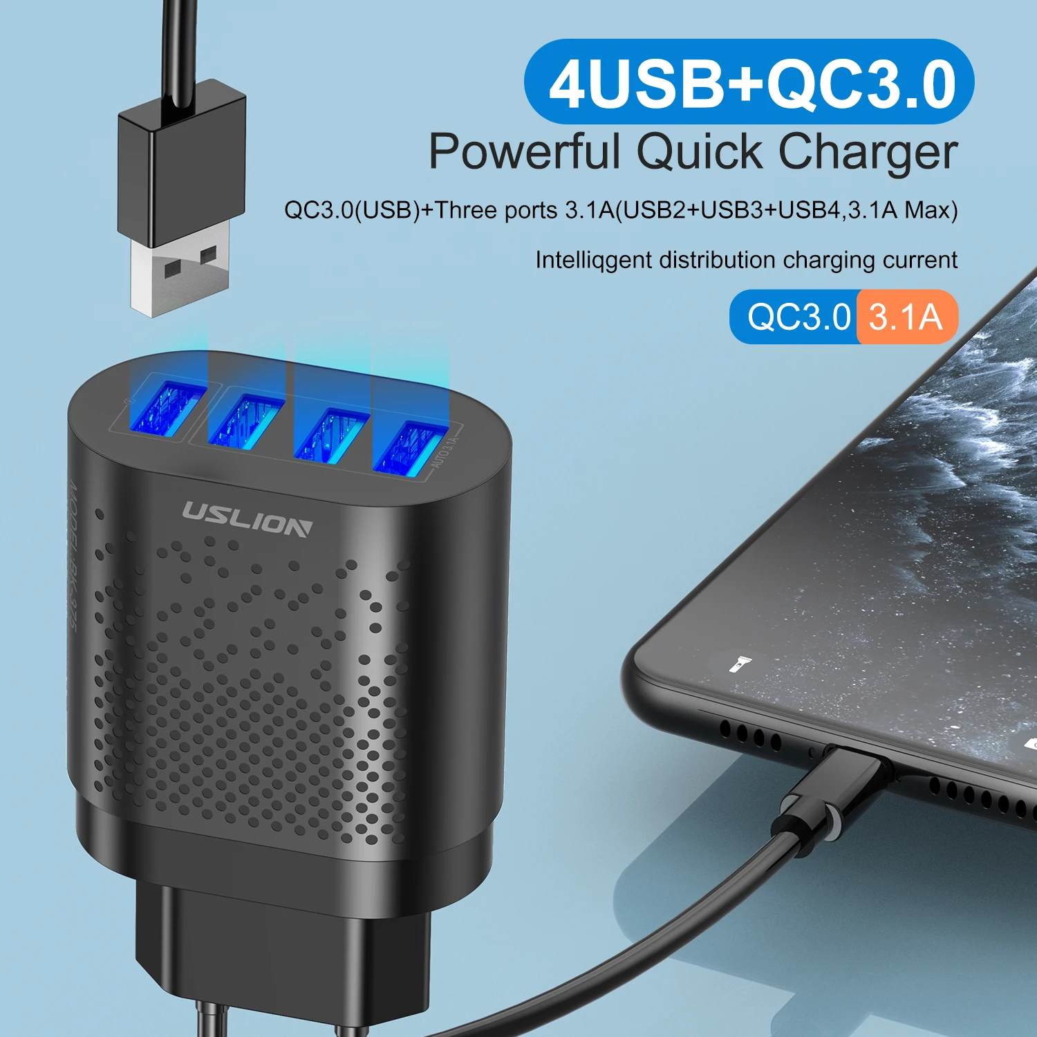 USB Wall Charger Block 4 Port QC3.0 Fast Power Adapter Type C Charging EU/AU/UK/KR Plug for iPhone Xiaomi Samsung Google Tablet