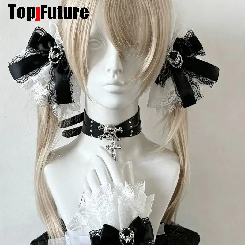 Original Mass Produced Lace Bow Dark Rhinestone Skirt Hair Clips Hair Accessories Wrist Cuffs Punk Choker Original Neck Collar