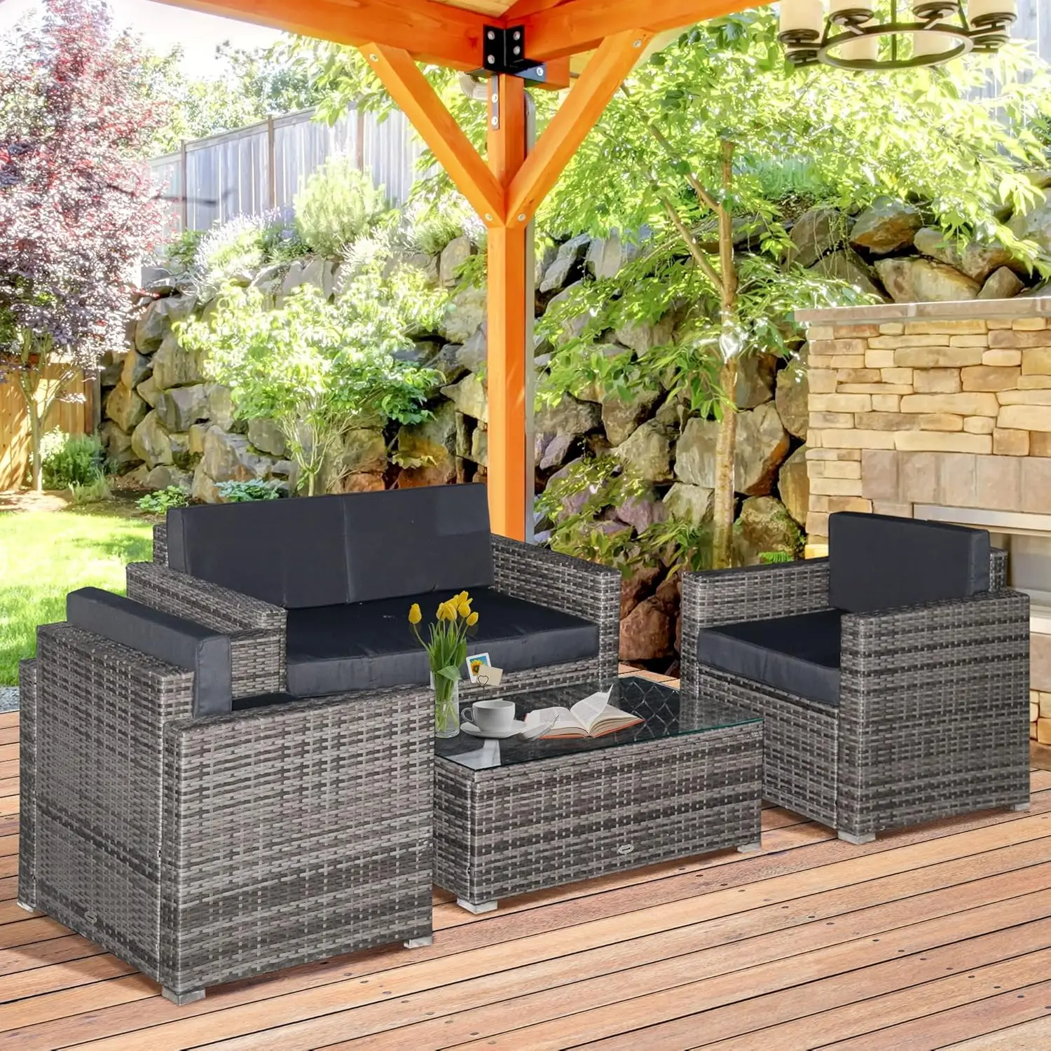 4 Piece Wicker Patio Furniture Covers with Cushions, Outdoor Section Furniture with 2 Sofas, Sofas, and Glass Top Coffee Tables