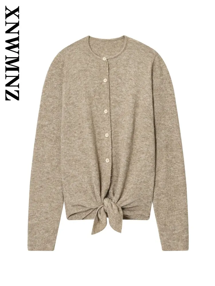 

XNWMNZ 2025 осенний женский повседневный модный вязаный кардиган с длинными рукавами, шикарный винтажный зимний женский свитер цвета хаки с круглым воротником для вечеринки