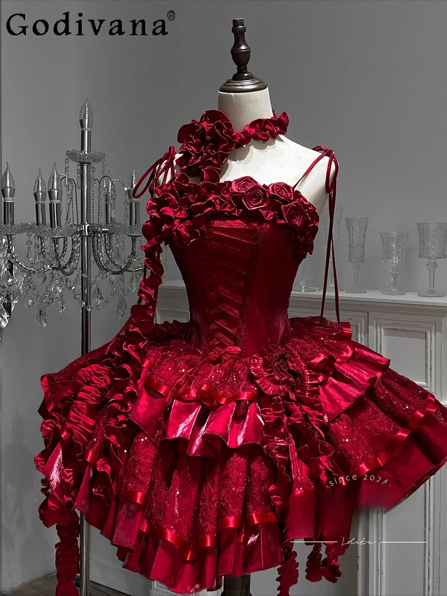 Red Lolita Princess Dress Women's High Waist Slim Elegant 3D Rose Ruffles Fish Bone Jsk Dress Lady Halloween Gothic Dresses