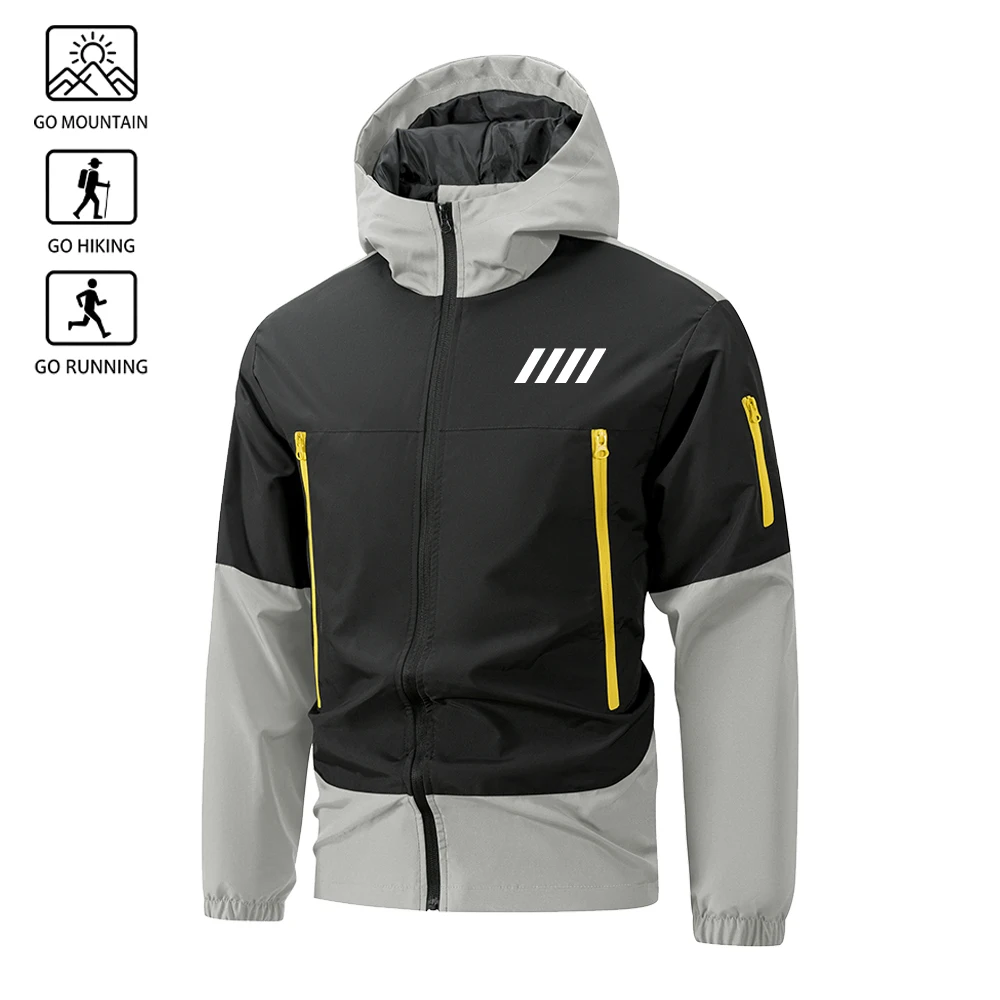 Herrenjacke mit diagonalem Streifenmuster, Reißverschluss, Kapuze, mehreren Taschen, Farbblock-Design, ideal als Windjacke für Herbstwanderungen, Camping und Sport. – Detail 2