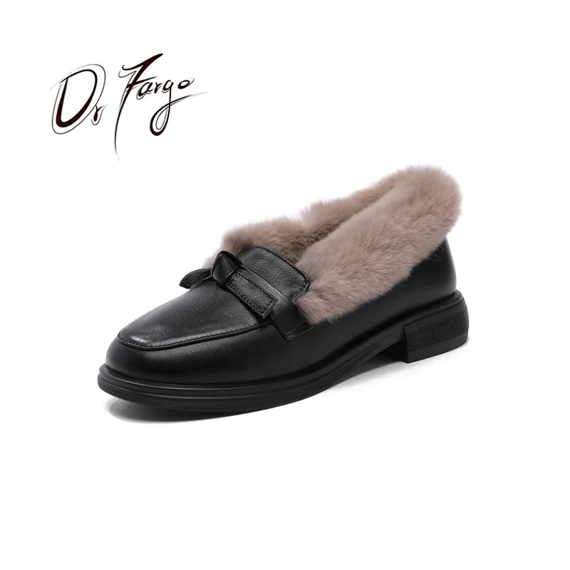 

Модные женские лоферы DRFARGO с кроличьим мехом без застежки, теплые плюшевые Лоферы 3 см на низком каблуке, натуральная кожа, большой размер 43, для весны и зимы
