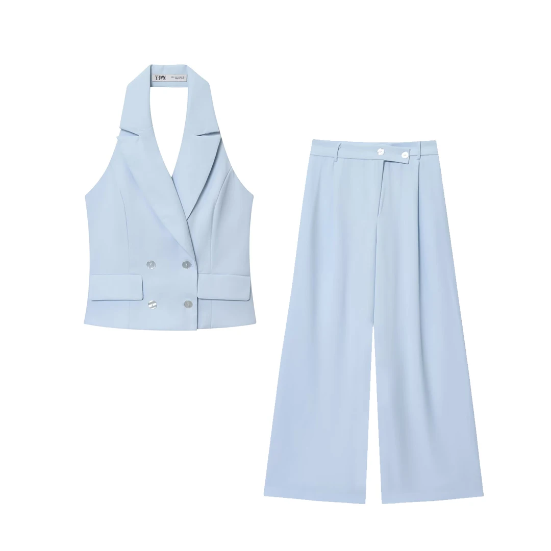 KASLEAD Новый женский модный комплект с подвесным воротником, жилет с двойными лацканами, плиссированные брюки, европейские длинные брюки, осенняя коллекция