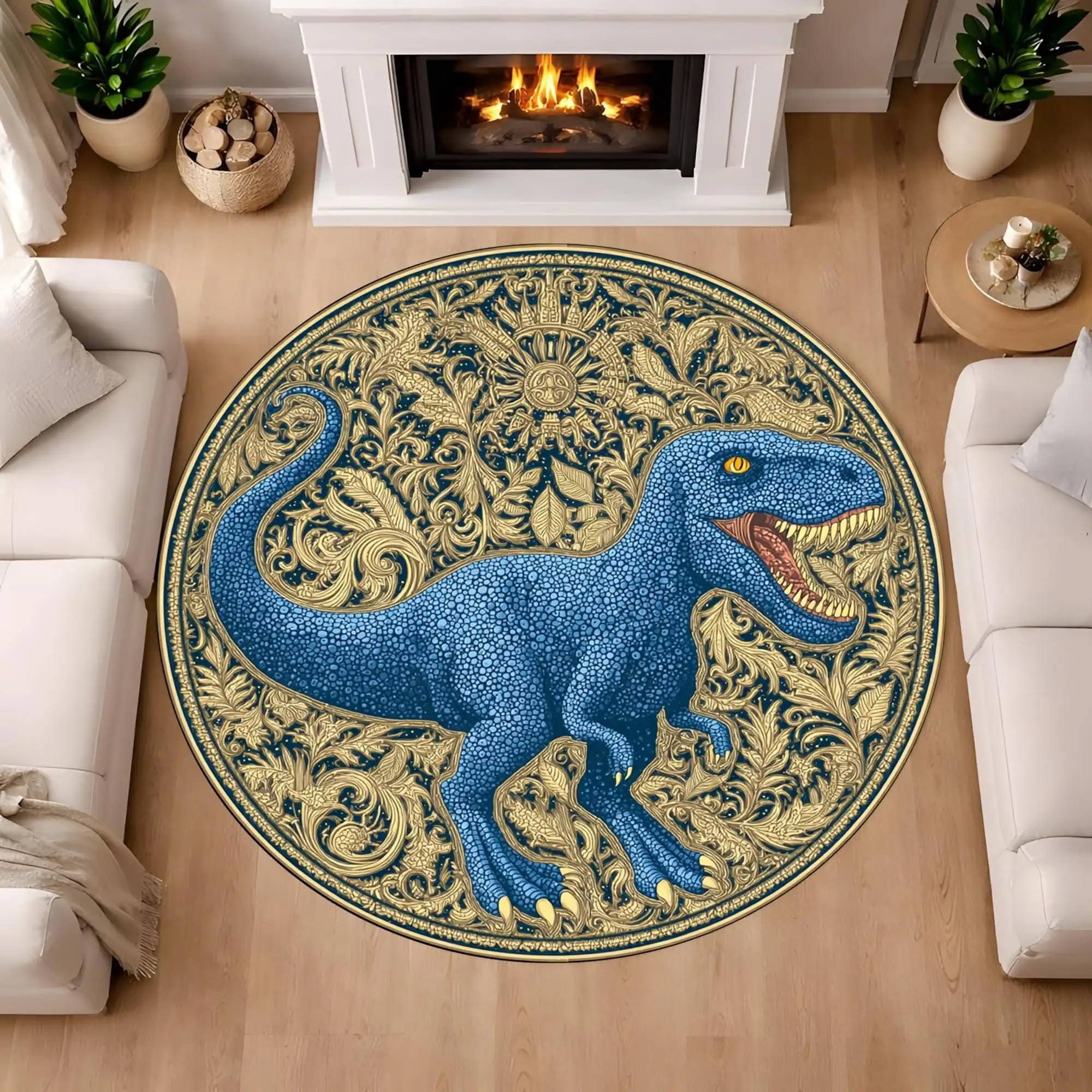 Round Cushion Rug 2D Realistic Lion Head Printed Circular Area Mat Greek Key Meander Border for Front Doorway Entrance