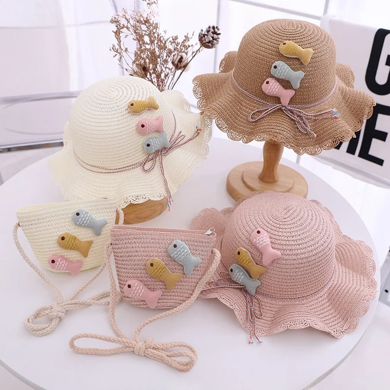 Cute Children's Summer Little Fish Lace Solid Color Woven Hat One-shoulder Crossbody Mini Bag Goodies Two-piece Set