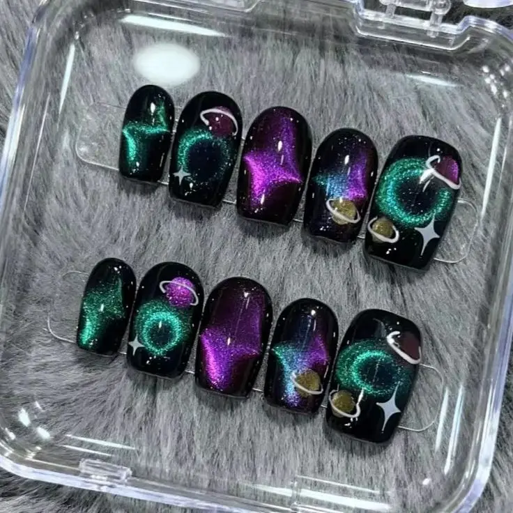 10 pçs doce legal imprensa em unhas y2k artesanal aurora estrelas unhas falsas brilhante olho de gato unhas conjunto imprensa em caixão retro unhas falsas