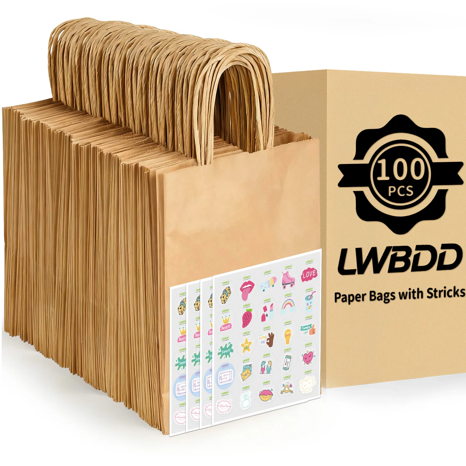 

100 Brown Kraft Paper Bags with Handles Large 10.24*4.72*12.99in with Complimentary Stickers Suitable for Clothing Packaging