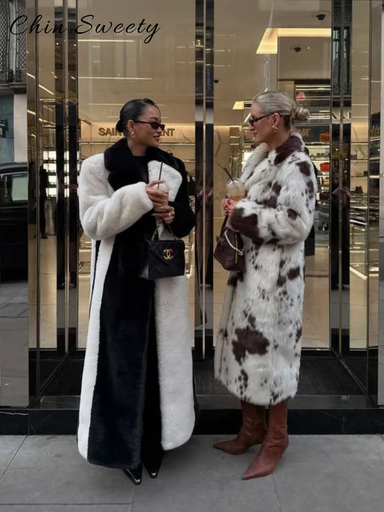 

Elegant Women's Striped Contrast Color Long Faux Fur Coats Loose Lapel Full Sleeve Single Breasted Coat 2025 Winter Lady Outwear