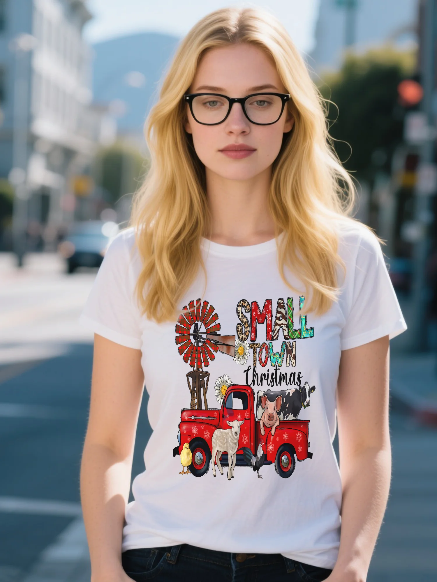 

Women's White High Street T-Shirt - Candy Cane Stripes Print & Christmas Tree Motif, Soft Cotton Crew Neck