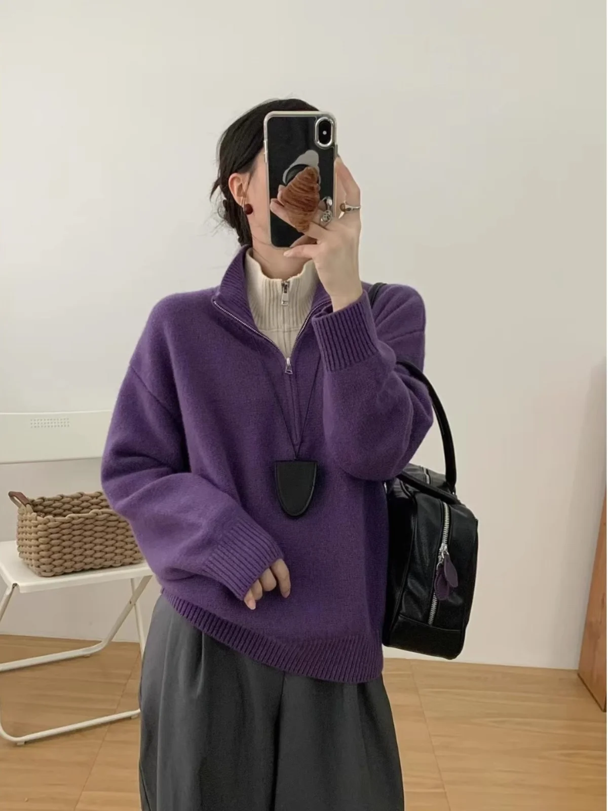 

Faionable Loose Feel Zipper Hooded Stand Collar Sweater Women's Autumn Winter New Sle Color Blo Design Knitted Top