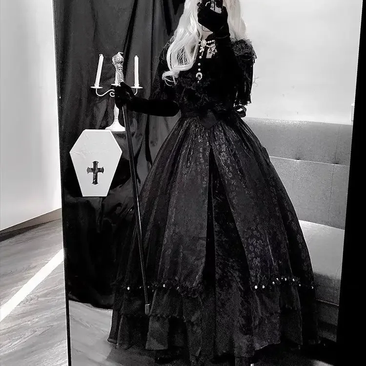 Licaboth Vintage estilo clásico elegante negro vestido de princesa Lolita estilo frío cuello de encaje Maxi-falda vestidos mujeres 2025