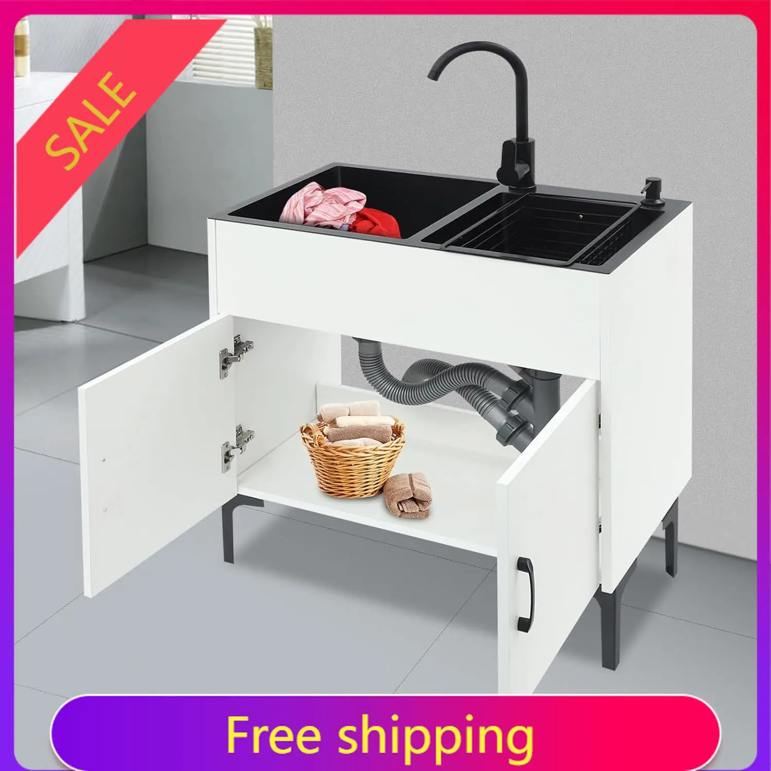 

Laundry Sink Cabinet with Stainless Steel Sink and Pull-Down Faucet, 30-Inch Freestanding Deep Utility Sink with Cabinet Utility