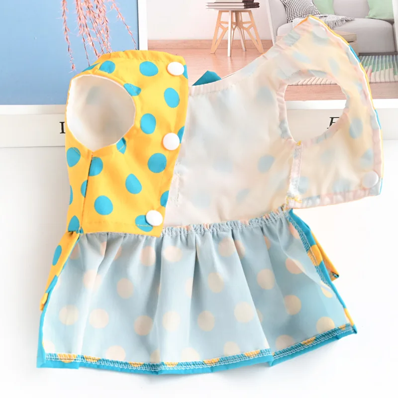 Summer Girl Puppy Clothes with Blue Yellow Polka Dots Small Dog Harness Dress and Leash Set Luxury Bowknot Chihuahua Dog Dress