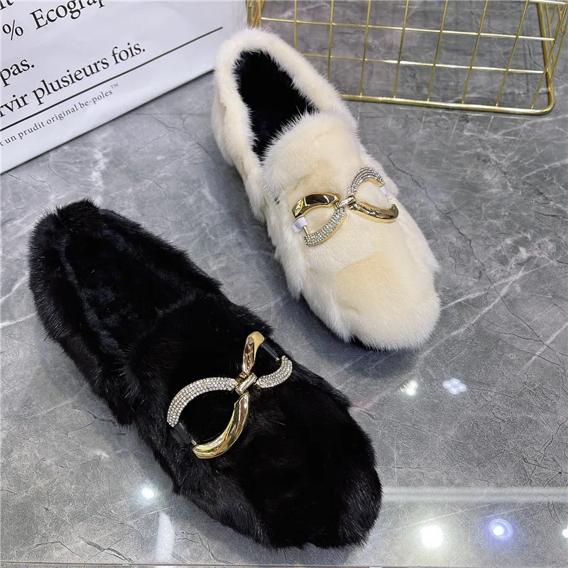 

Новинка 2026, женские зимние теплые туфли на толстой подошве, повседневные мокасины на плоской подошве, прогулочные зимние туфли на плоской подошве, эспадрильи из меха норки, милые лоферы черного цвета