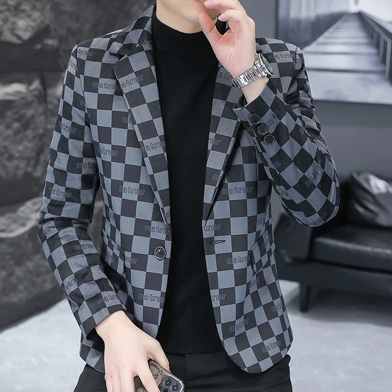 Autumn Winter New Men's Casual Plaid Suit Jacket Male Business Self-cultivation Wedding Dress Party Suit Coat Plus Size M-4XL