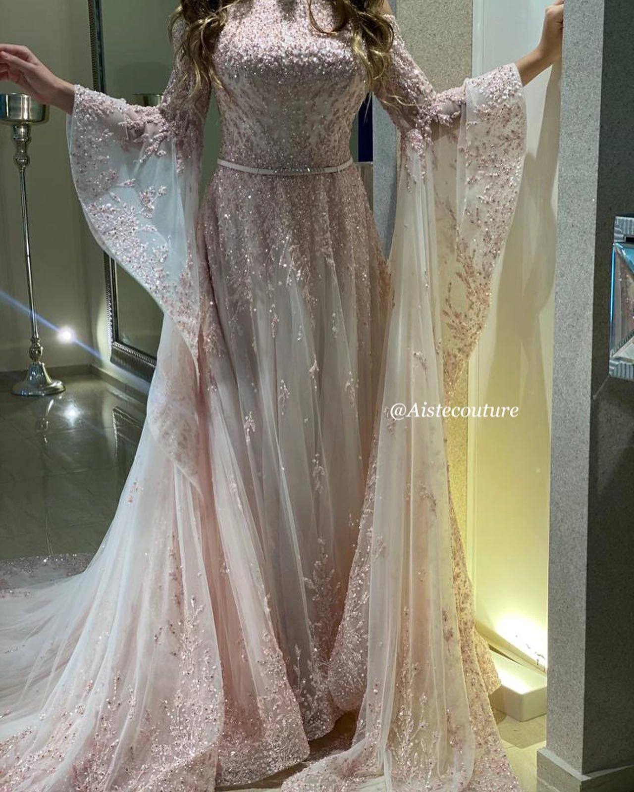 FATAPAESE Customized Sparking Prom Gown with Pagoda Fluffy Sleeves Glitter Cathedral Tail Gown فساتين مناسبة رسميةFormal Ba