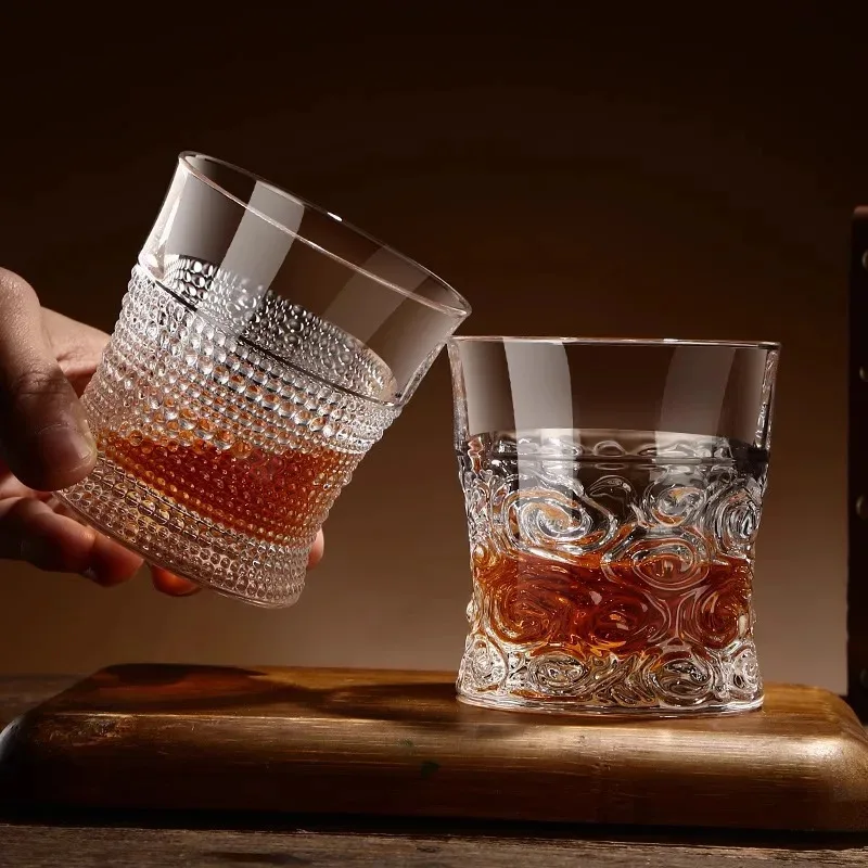 TOPLIVING 300ml 10.3oz Carved Whiskey Glass European Retro Brandy Cup Party Bar Tumblers Vintage Cocktail Glass Glassware Iced C