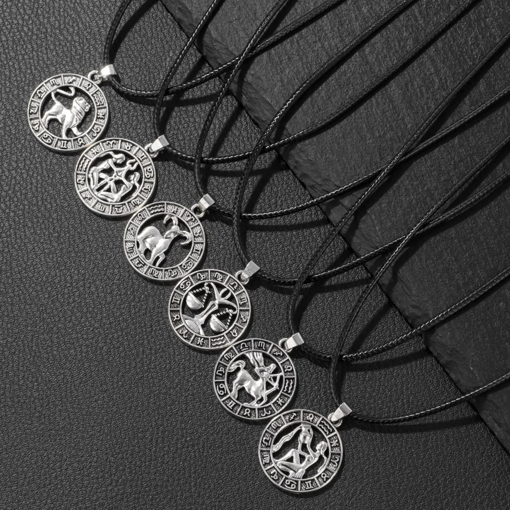 Vintage 12 Zodiac Sign Pendant Necklace Constellation Aries Leo Aquarius Pisces Charm Rope Chain Choker For Women Men Jewelry