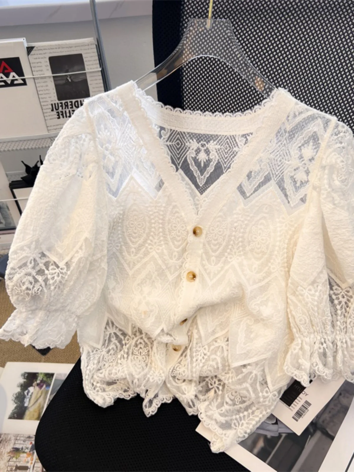 Gestickte, ausgehöhlte Bubble Sve V-Ne irt Plus Size Damen Faion Lässige Baumwollbluse Spitze Spleißen Künstlerische Sle