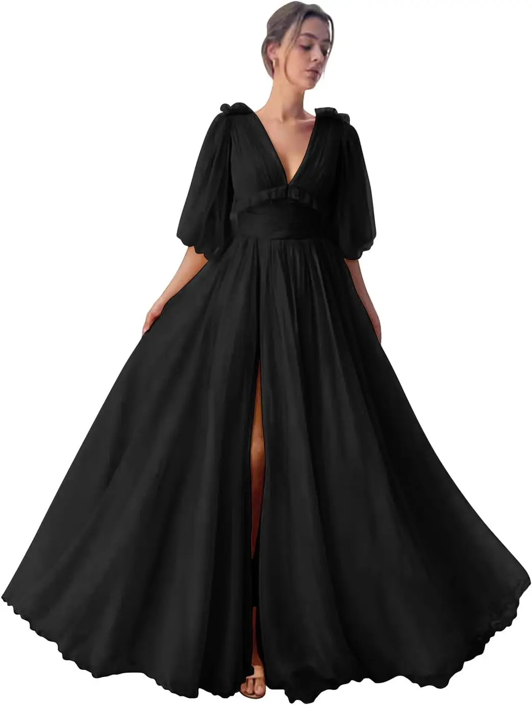 

Elegant Puffy Sleeve Tulle Prom Dress Long Slit Ball Gown Formal Evening Party Gown for Women 2026 Style