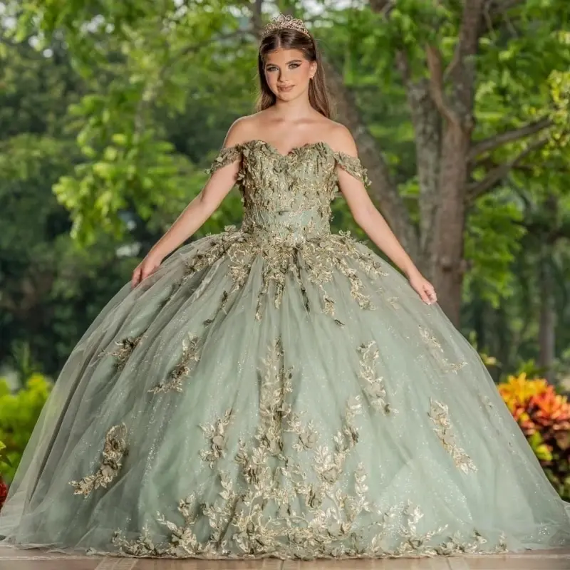 Зеленое милое платье Quinceanera с цветочной аппликацией и кружевом из бисера, бальное платье принцессы Sweet 16, вечерние по индивидуальному заказу