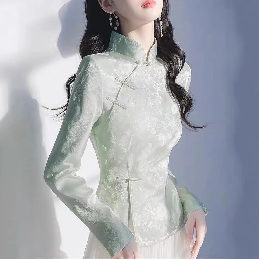 New Chinese mint green shirt women's 2025 spring new high-end retro buckle national style Tang suit stand-up collar top