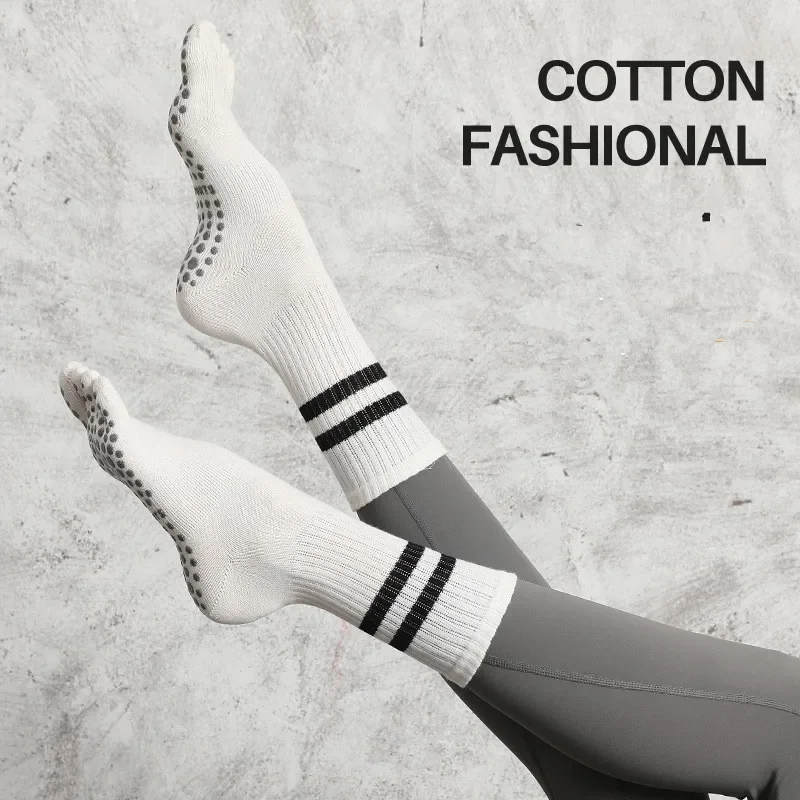 2 pairs of yoga socks, medium length socks, pure cotton anti slip silicone indoor fitness pilates, women's sport socks wholesale