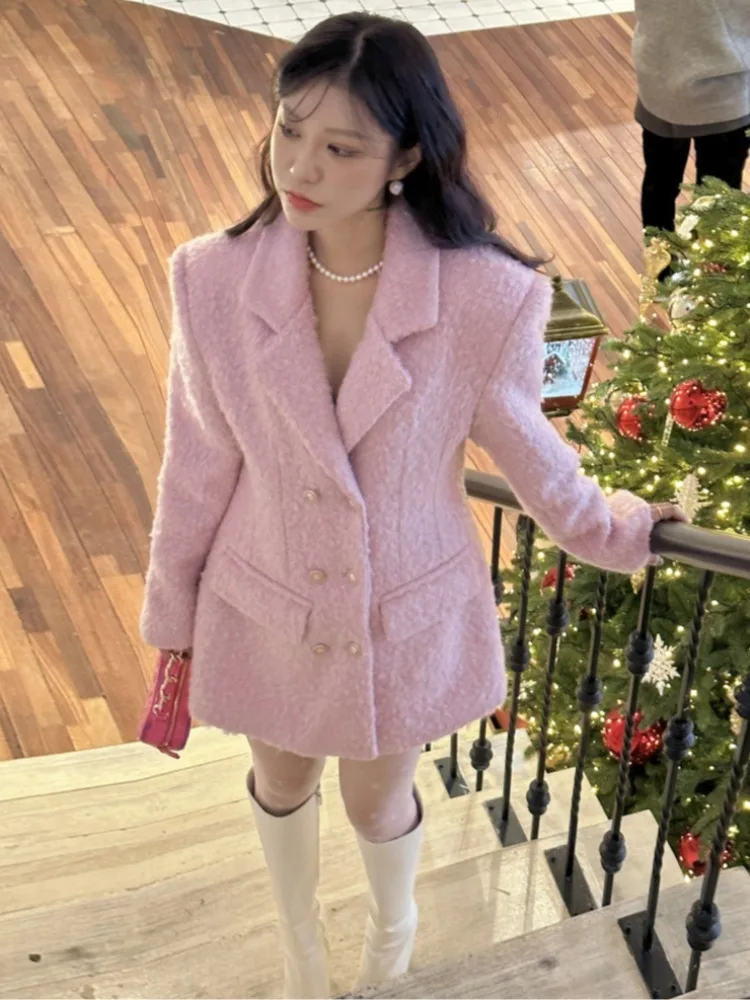 INS Blogger Graceful Gentle Sweet Lady Suit Collar Waist Hugging Slimming Dress Woolen Jacket Coat