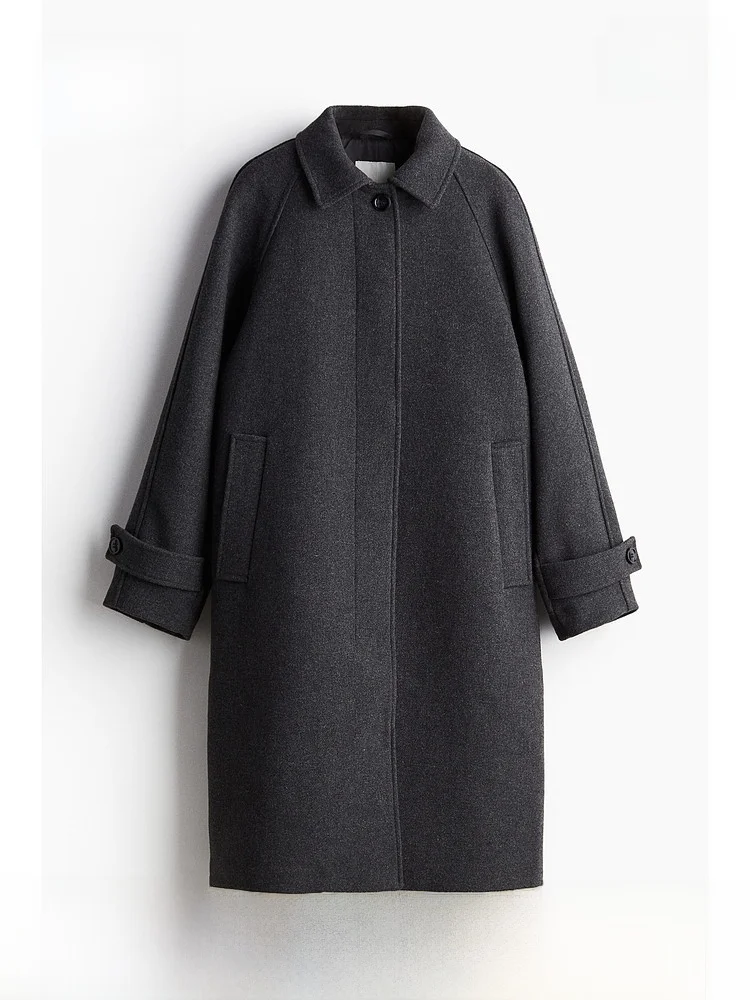 Płaszcz wełniany damski H&M, zimowy, luźny, prosty, modny, ciepły, do kolan, klasyczny płaszcz przeciwdeszczowy 253843