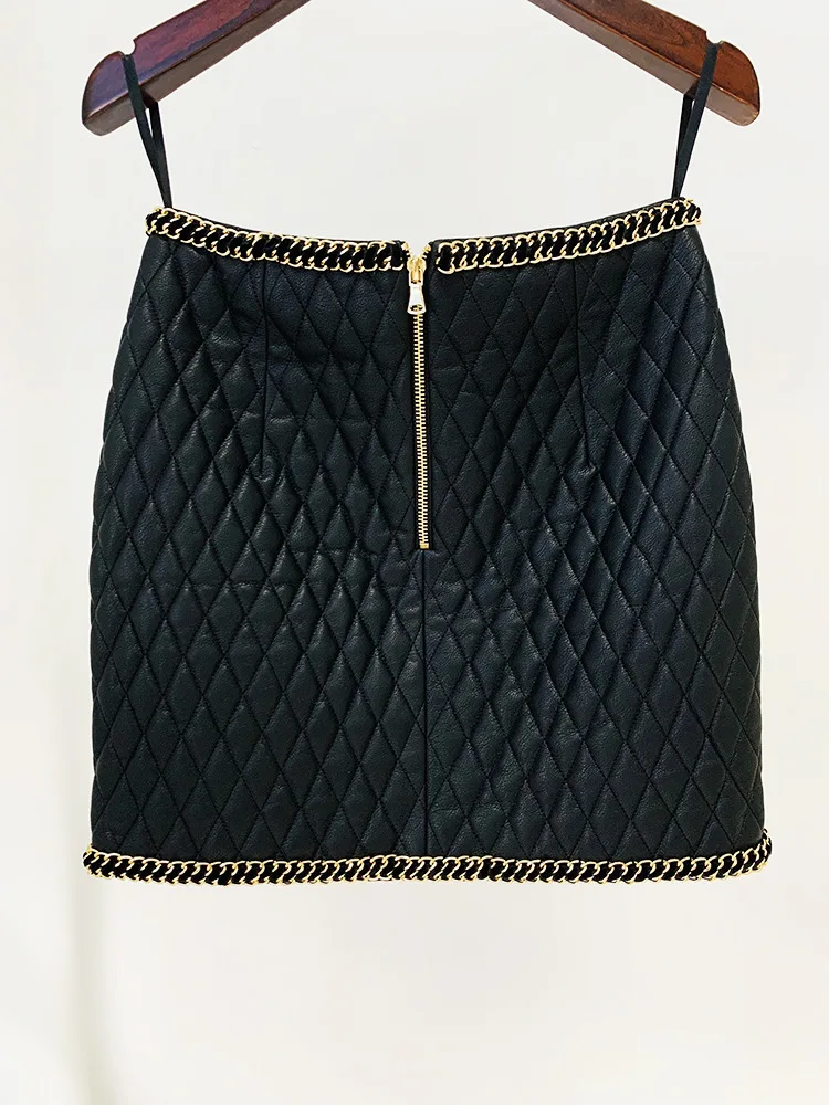 Gold Chain Edge Skirt PU Faux Leather Lion Buckle Chain Edge Embellishment Diamond Grid Leather Mini Pencil Skirt Women