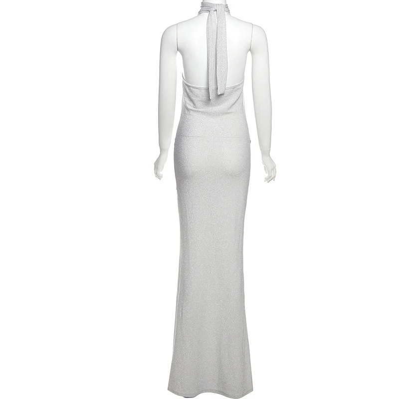 BKLD Donna Sexy Solid Halter Collo scollato Aderente Con spalline Senza maniche Aperto Indietro Moda Avvolto Abito lungo Club Abiti da festa