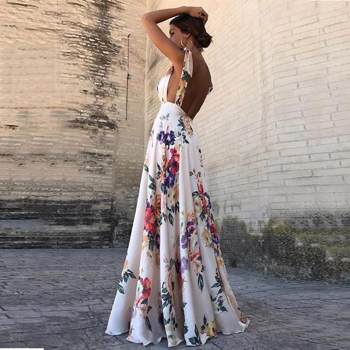 Zomerjurken 2024 Nieuwe Zomer Vrouwen Boho Gebloemde Lange Jurk Mouwloze V-Hals Jurk Met Hoge Taille Print