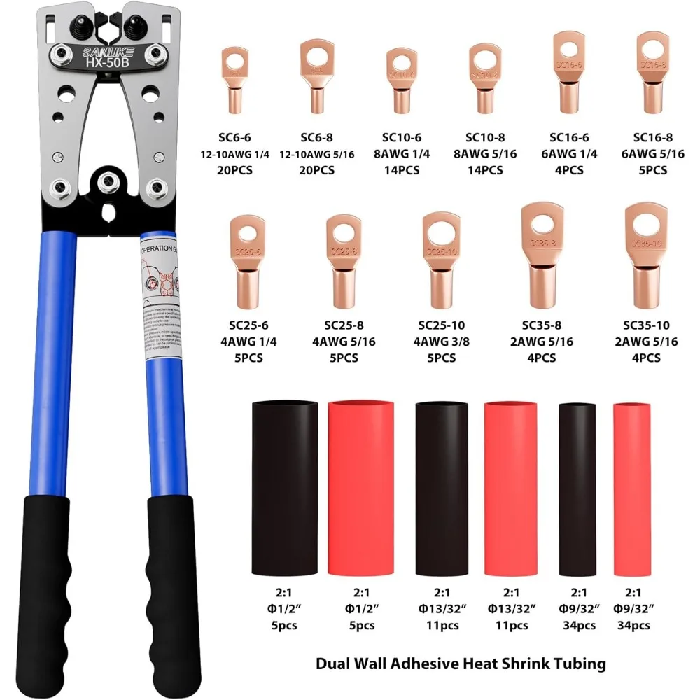 مجموعة أدوات تجعيد كابل البطارية الاحترافية لسلك AWG 8-1/0، تتضمن أطراف حلقية وأنابيب الانكماش الحراري #2