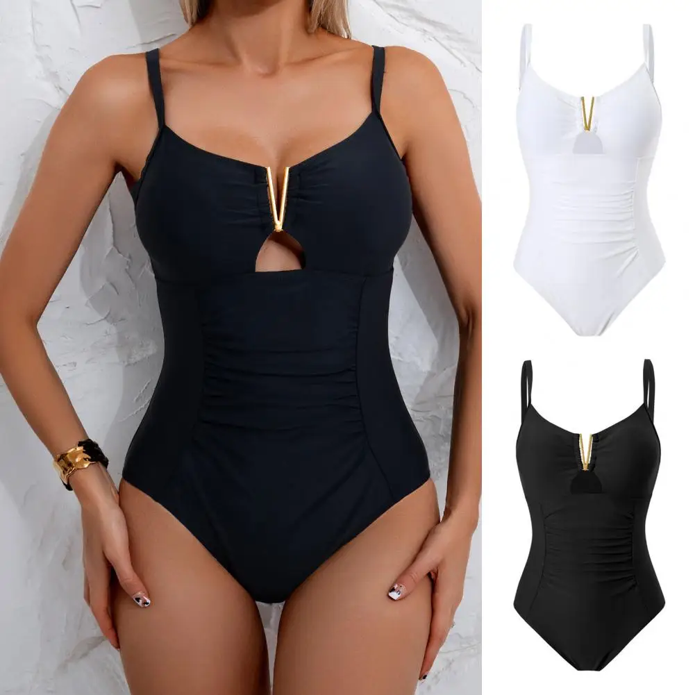 

Solid Color Bikini Sexy One Piece Monokini Swimsuit V Neck Backless Slim Fit Bathing Suit Ring Linked Beach Vacation Monokini