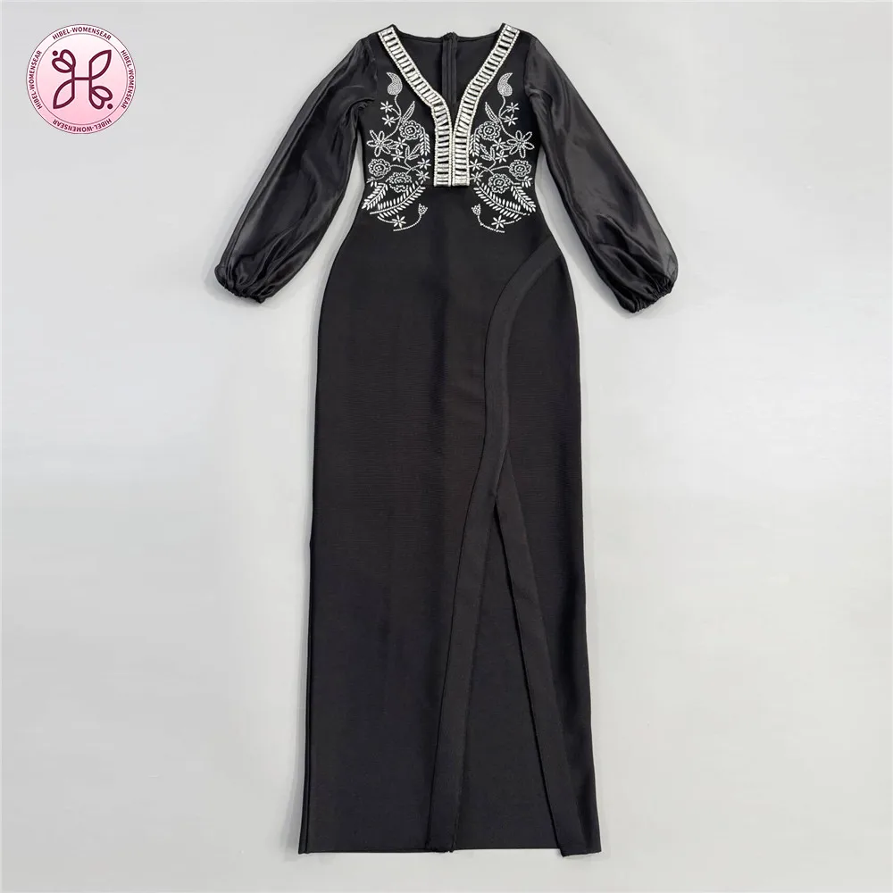 2025 Couture Beaded Gown - Deep V Neck Bandage Dress with Sheer Sleeves & Thigh Slit