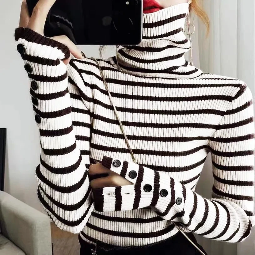 2024 New,Autumn Winter Turtleneck Button Striped Knit Sweaters, Women\'s Clothing, Stylish Knitted Pullovers, Girls Jersey Tops