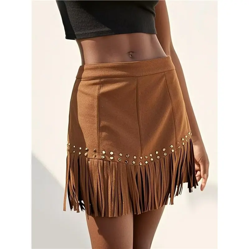 CYL-レディース スエード フリンジ カウガール スカート カントリー コンサート 衣装 ウェスタン ハイウエスト ミニスカート ウェスタン