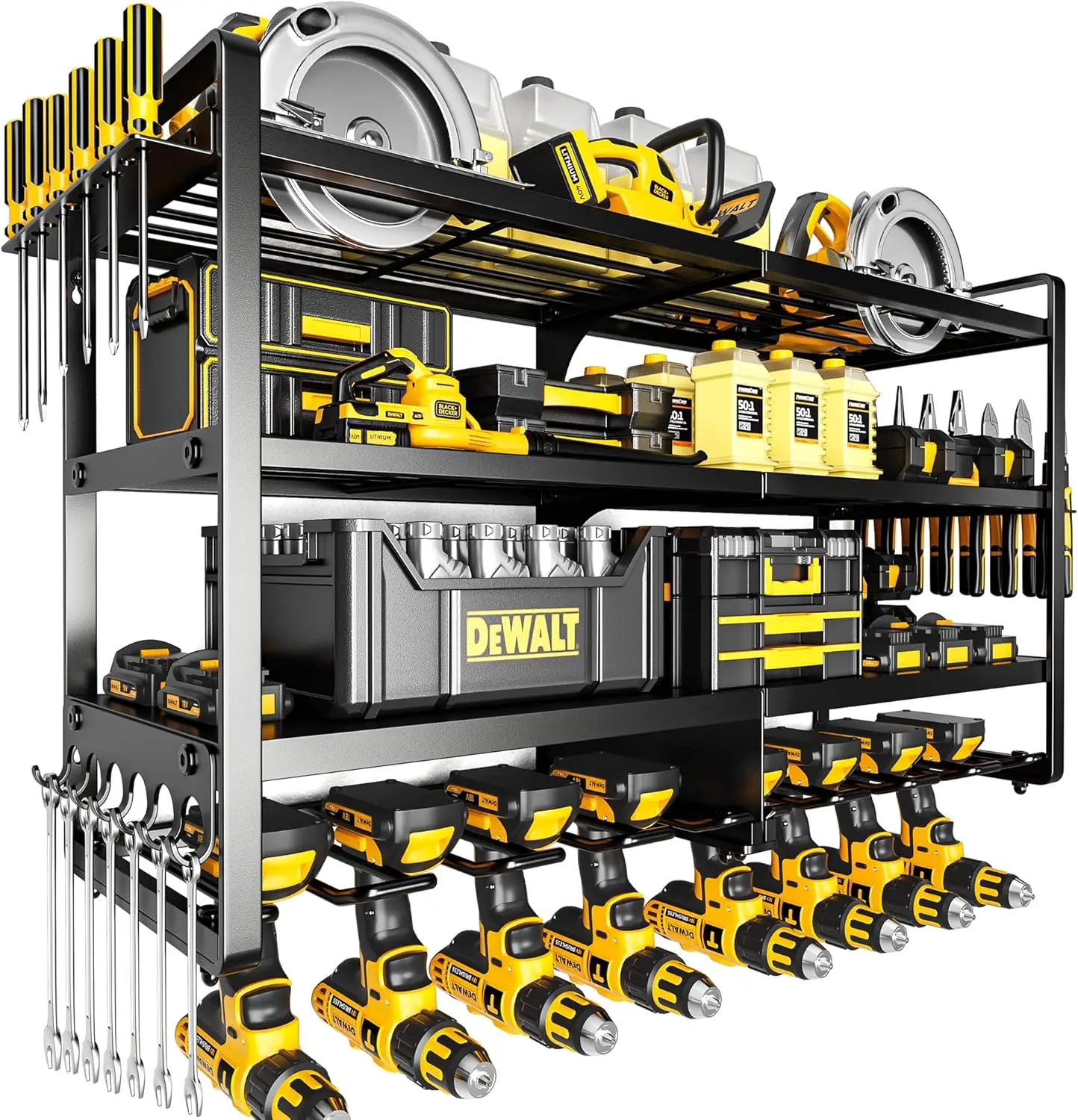 

Wall Mount Power Tool Organizer, 4-Layer Heavy Duty Metal Shelf, Holds 400lbs, Battery & Cordless Drill Storage for Garage