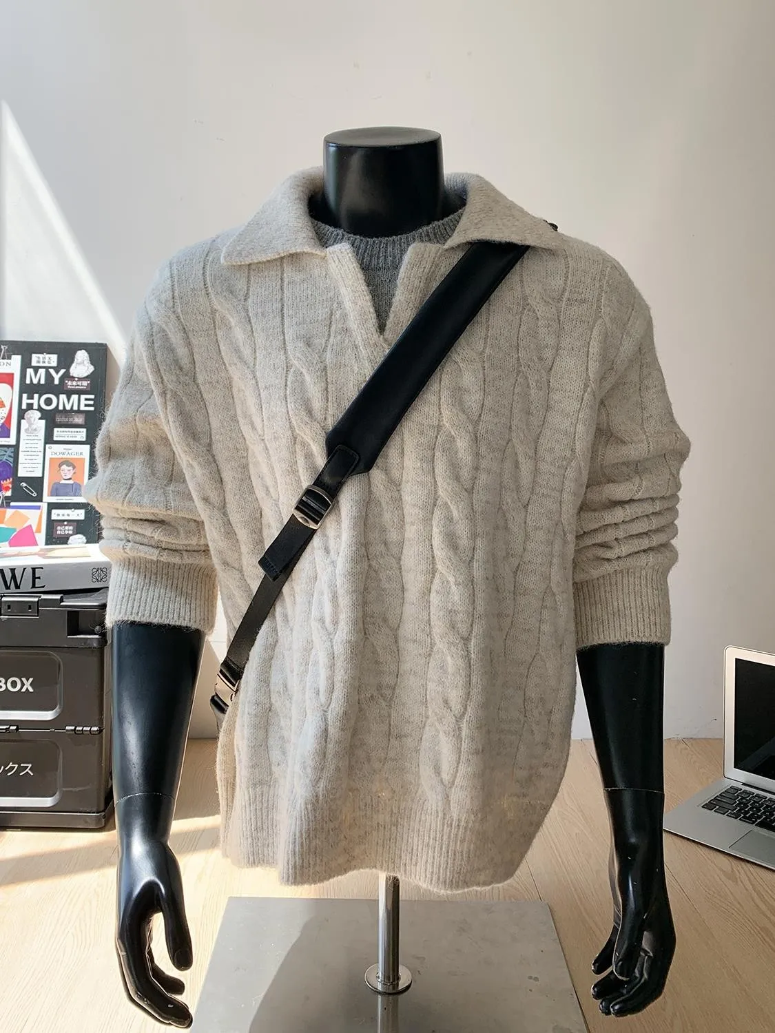 

Мужской вязаный свитер свободного кроя с воротником, осенне-зимний, теплый, для ношения под одеждой, из полиэфирного волокна, мягкий, комфортный, имитация двухслойного кроя