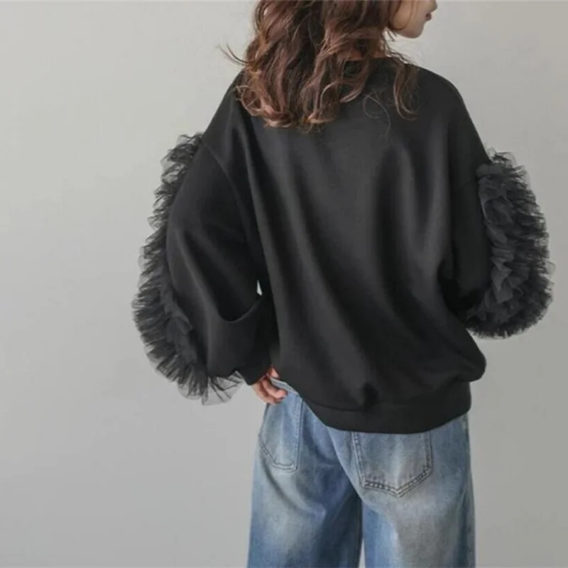 فضفاضة تناسب جولة Ne Long Sve هوديي المرأة الكورية Sle رقيقة الحجاب الدانتيل تقليم قطرة الكتف الخريف الشتاء وصول جديد