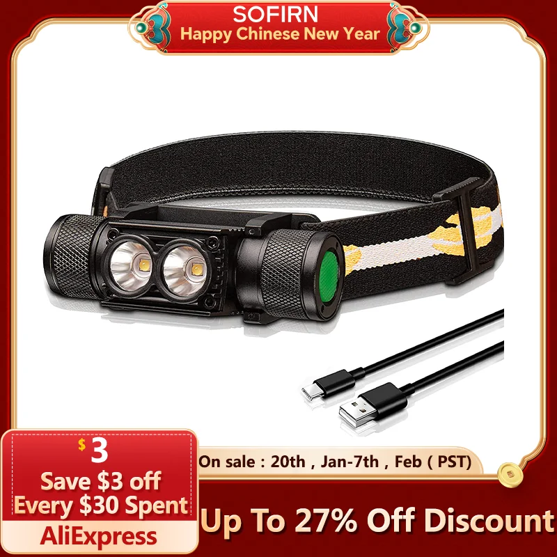 SOFIRN H25L USB Rechargeable 1000LM Headlamp with 18650 Battery Dual LH351D 90CRI 5000K Head Flashlight Camping Fishing Torch