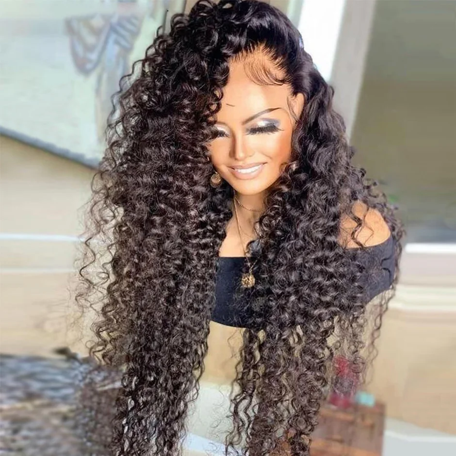 Preplucked Soft 26Inch Long Black Kinky Curly 180Density Synthetic Deep Lace Front Wig For African Women Babyhair Daily Cosplay