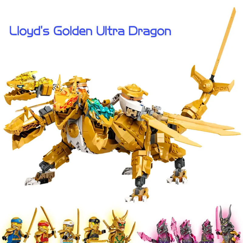 New Season 17 Golden Ultra Dragon Building Blocks Tetraposaurus Four-headed Dragon 71774 Bricks Toys For Kids Birthday Gifts