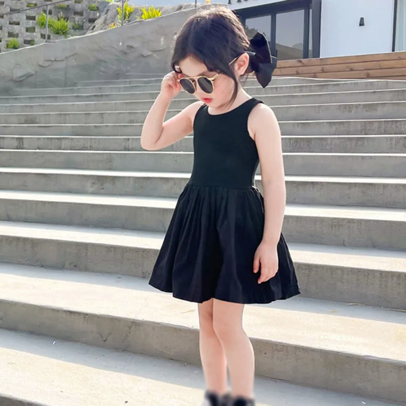 Vestido de algodón con espalda descubierta para niñas pequeñas, ropa de princesa de fiesta, dulce y fresco, color negro, verano, 1 a 7 años