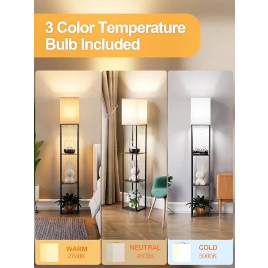 Floor Lamp with Shelves for Living Room, Shelf Floor Lamp with 3 CCT LED Bulb, Corner Display Standing Column Lamp Etagere Orga