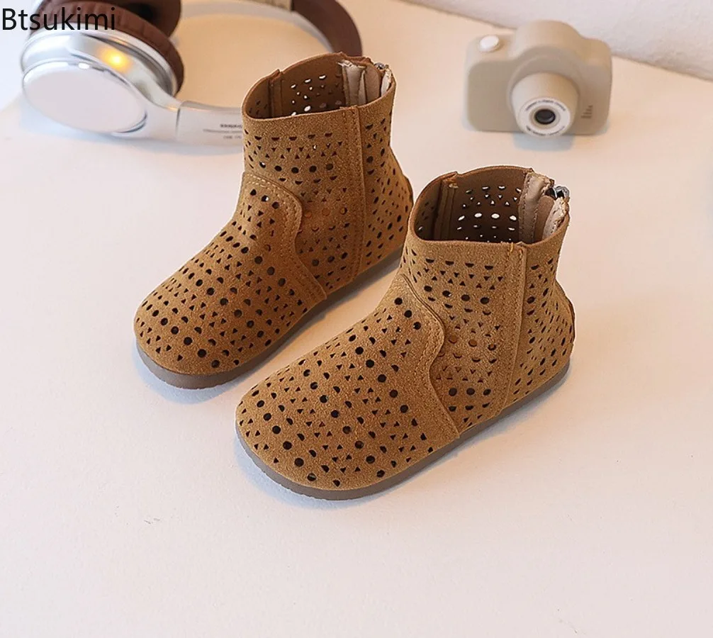 Girl Boots 2026 Summer Fashion Hollow-out Comfortable Breathable Children's Ankle Boots Comfortable Solid Color Roman Sandals