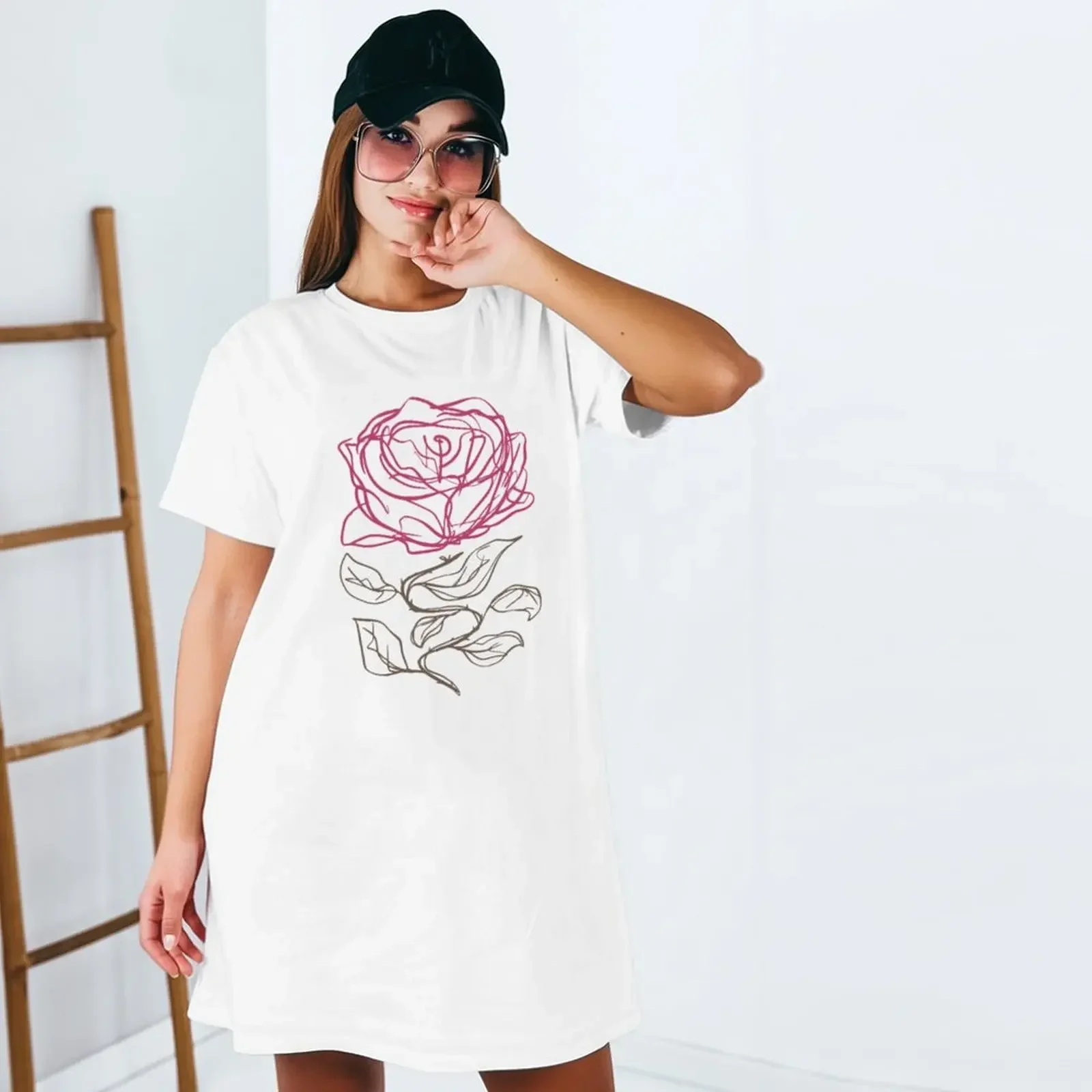 تي شيرت نسائي كبير الحجم بأكمام قصيرة مع طباعة أنيقة ورقبة دائرية كاجوال لقضاء عطلة الصيف والربيع والارتداء اليومي #4